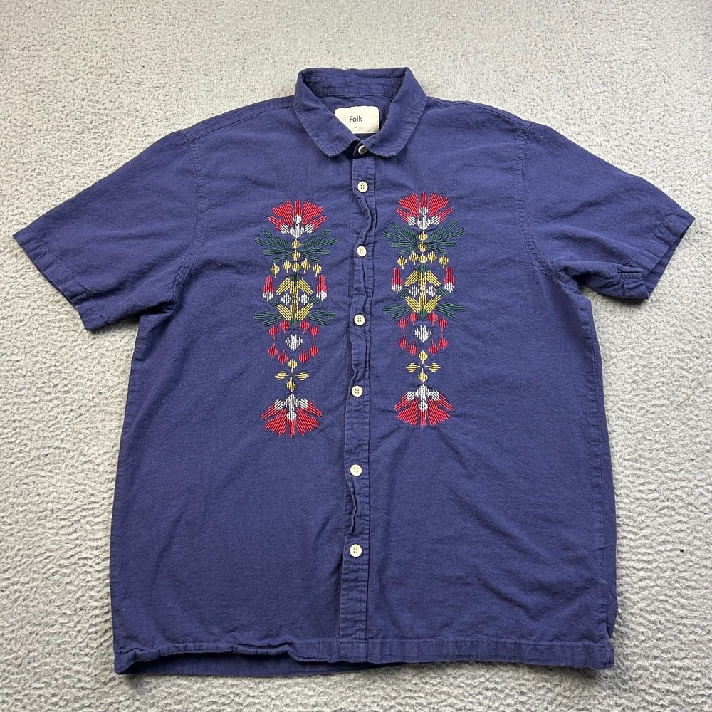 Folk Shirt Mens Blue Cotton Linen Embroidered Short Sleeve Button Up Casual Sz M